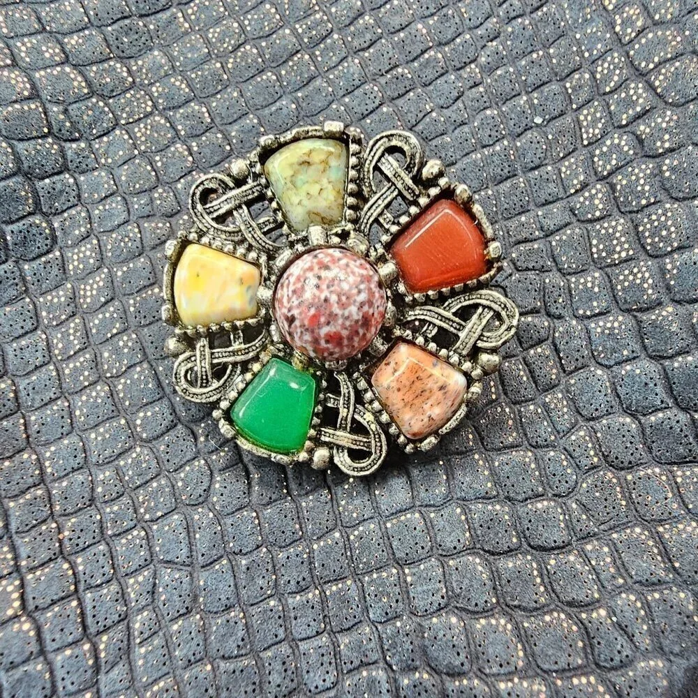 Vintage Multicolor Gemstone Brooch Pin Metalwork Circular Design Jewelry - Picture 1 of 7
